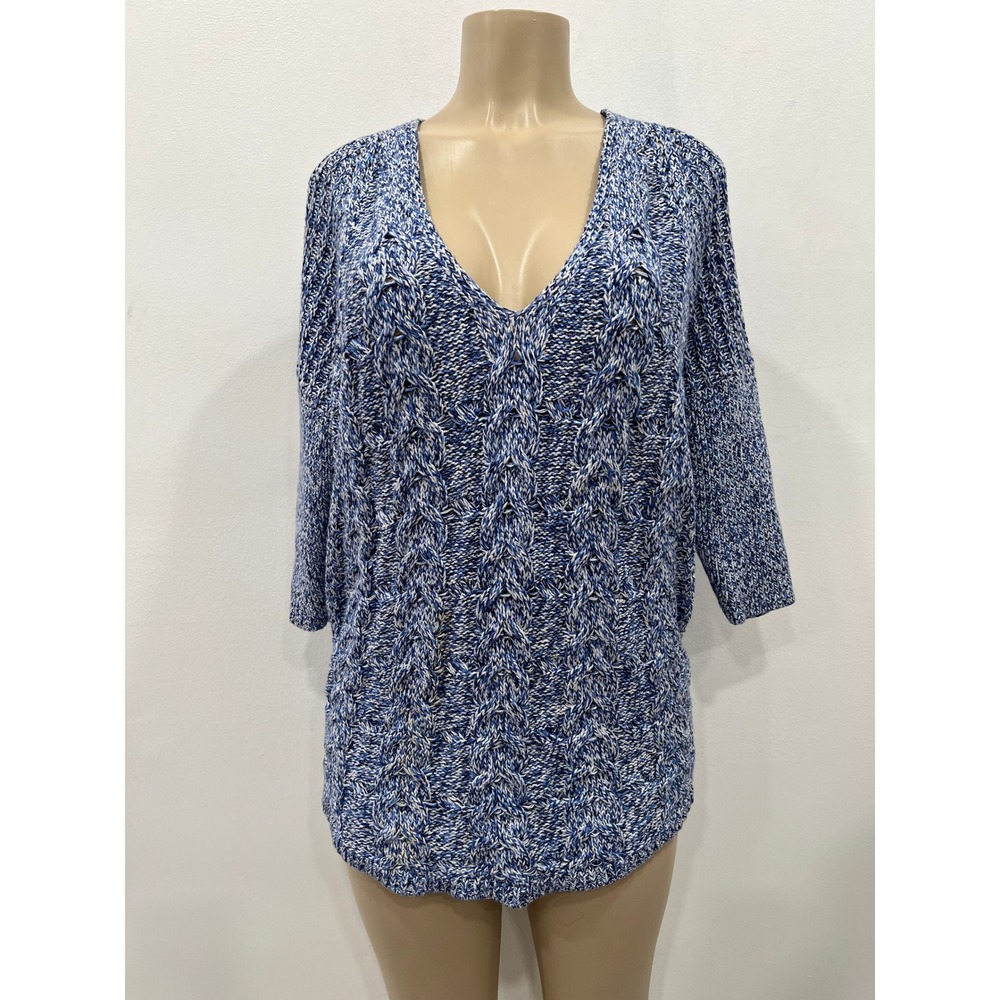 Express Medium Women Blue White Marled Cable Knit V-Neck High Low Tunic Sweater